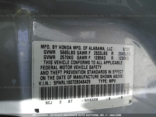 5FNRL18072B048429 - 2002 HONDA ODYSSEY EXL ვერცხლისფერი ფოტო 9