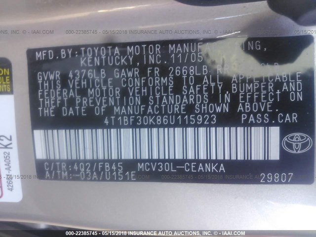 4T1BF30K86U115923 - 2006 TOYOTA CAMRY LE/XLE/SE Qızıl foto 9