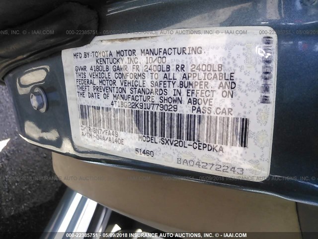 4T1BG22K91U779029 - 2001 TOYOTA CAMRY CE/LE/XLE 绿色 照片 9