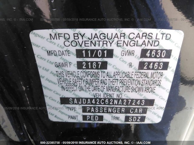 SAJDA42C62NA27243 - 2002 JAGUAR XK8 BLACK photo 9