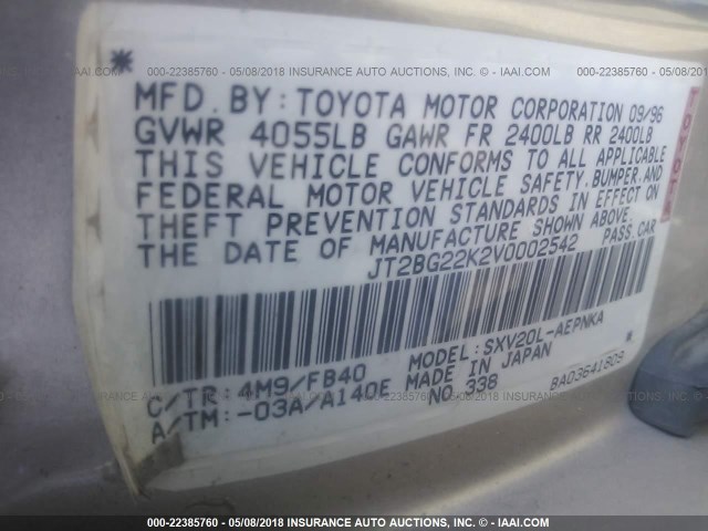 JT2BG22K2V0002542 - 1997 TOYOTA CAMRY LE/XLE ოქროსფერი ფოტო 9