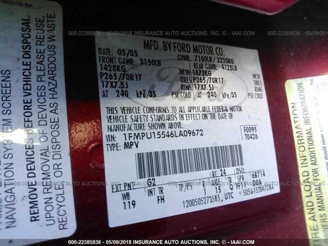 1FMPU15546LA09672 - 2006 FORD EXPEDITION XLT წითელი ფოტო 9