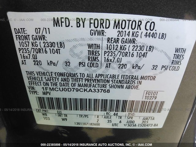 1FMCU0D79CKA33768 - 2012 FORD ESCAPE XLT GRAY photo 9