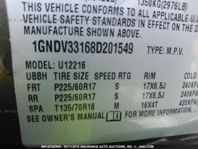 1GNDV33168D201549 - 2008 CHEVROLET UPLANDER LT BROWN photo 9