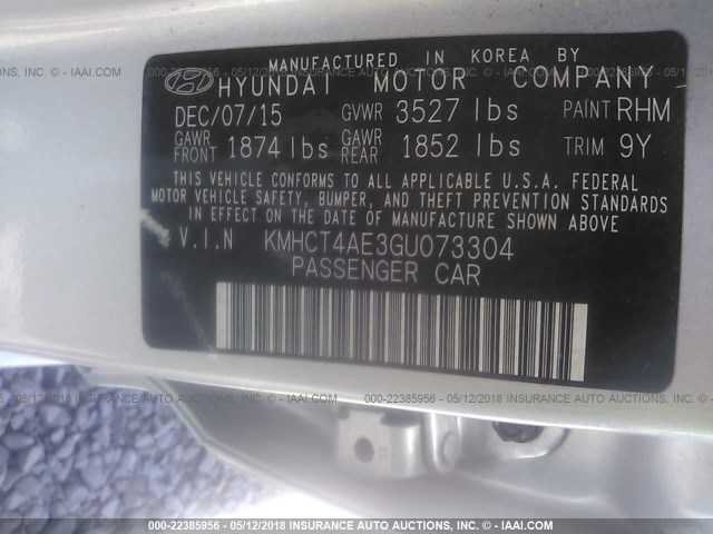 KMHCT4AE3GU073304 - 2016 HYUNDAI ACCENT SE SILVER photo 9