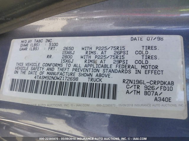 4TASM92N0WZ172698 - 1998 TOYOTA TACOMA XTRACAB PRERUNNER ლურჯი ფოტო 9