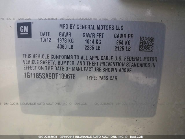 1G11B5SA9DF189678 - 2013 CHEVROLET MALIBU LS Bej foto 9