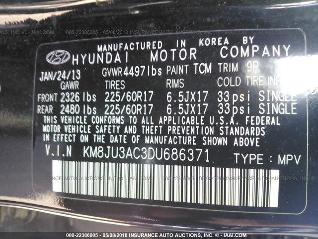 KM8JU3AC3DU686371 - 2013 HYUNDAI TUCSON GLS/LIMITED BLACK photo 9