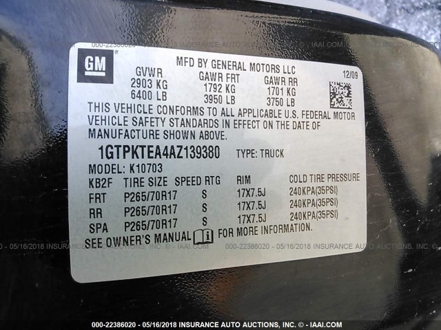 1GTPKTEA4AZ139380 - 2010 GMC SIERRA K1500 BLACK photo 9