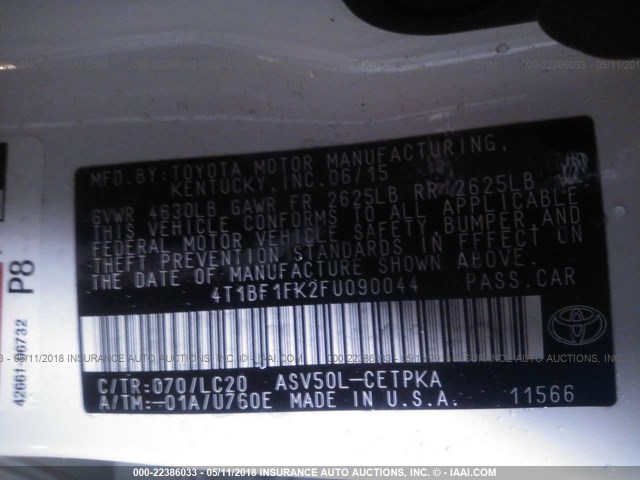 4T1BF1FK2FU090044 - 2015 TOYOTA CAMRY LE/XLE/SE/XSE WHITE photo 9