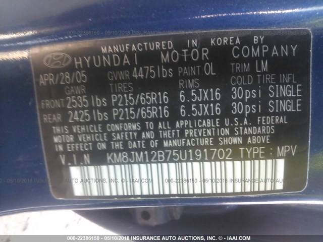 KM8JM12B75U191702 - 2005 HYUNDAI TUCSON GL BLUE photo 9