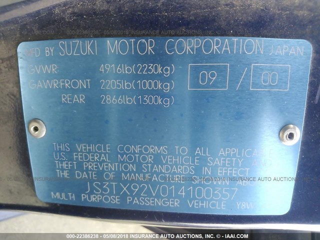 JS3TX92V014100357 - 2001 SUZUKI GRAND VITARA XL7 TOURING/XL7 LIMITED BLUE photo 9
