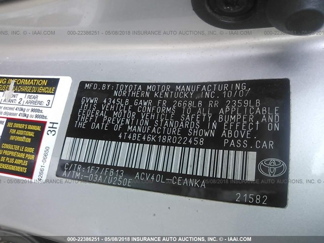 4T4BE46K18R022458 - 2008 TOYOTA CAMRY CE/LE/XLE/SE WHITE photo 9