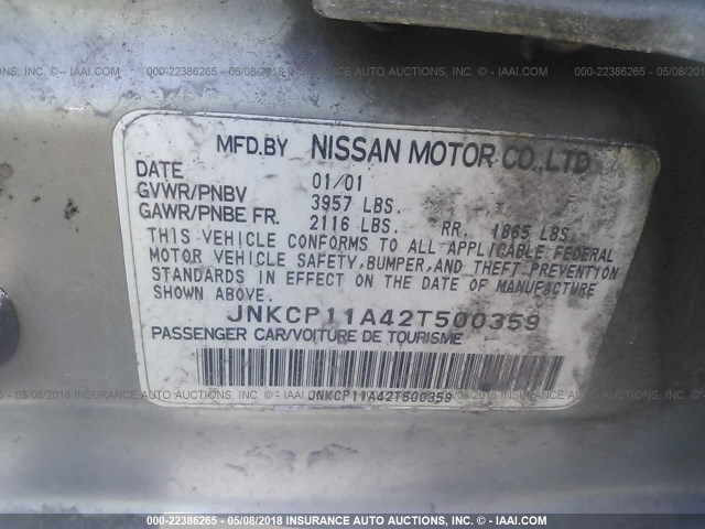 JNKCP11A42T500359 - 2002 INFINITI G20 SILVER photo 9