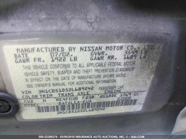 3N1CB51D52L689242 - 2002 NISSAN SENTRA XE/GXE GOLD photo 9