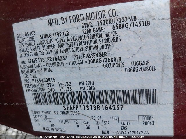 3FAFP11313R164257 - 2003 FORD ESCORT ZX2 RED photo 9