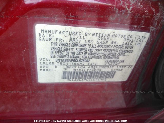 3N1AB6AP6CL676962 - 2012 NISSAN SENTRA 2.0/2.0S/SR/2.0SL RED photo 9