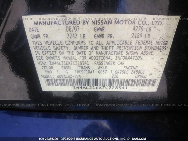 1N4AL21EX7C228541 - 2007 NISSAN ALTIMA 2.5/2.5S BLUE photo 9