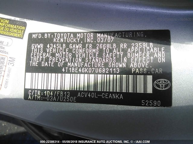 4T1BE46K07U682113 - 2007 TOYOTA CAMRY NEW GENERAT CE/LE/XLE/SE SILVER photo 9