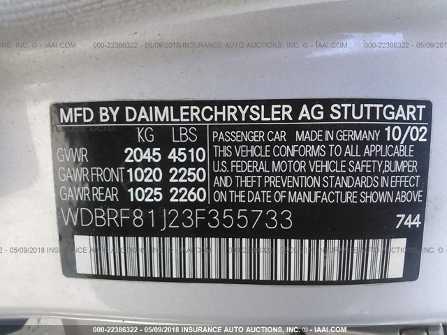 WDBRF81J23F355733 - 2003 MERCEDES-BENZ C 240 4MATIC SILVER photo 9