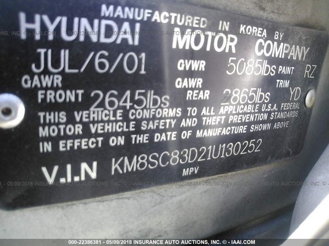 KM8SC83D21U130252 - 2001 HYUNDAI SANTA FE GLS/LX SILVER photo 9