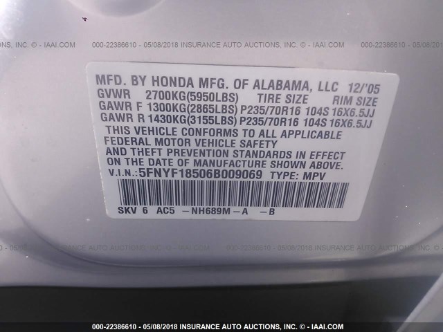 5FNYF18506B009069 - 2006 HONDA PILOT EX SILVER photo 9