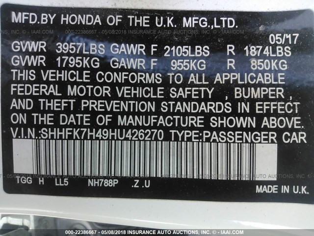 SHHFK7H49HU426270 - 2017 HONDA CIVIC SPORT 白色 照片 9