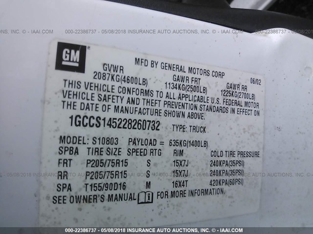 1GCCS145228260732 - 2002 CHEVROLET S TRUCK S10 WHITE photo 9