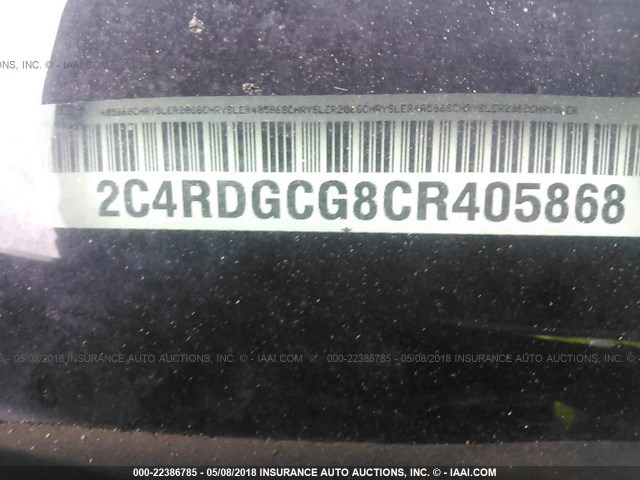 2C4RDGCG8CR405868 - 2012 DODGE GRAND CARAVAN SXT WHITE photo 9