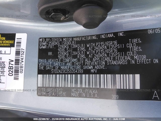 5TDZA23C25S354399 - 2005 TOYOTA SIENNA CE/LE BLUE photo 9