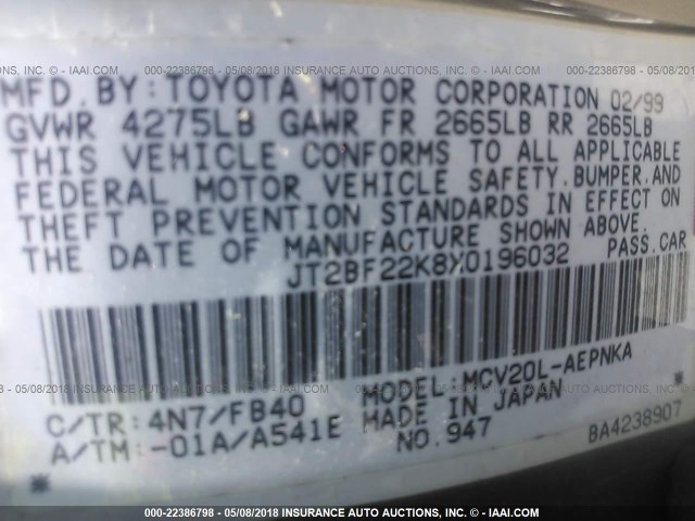 JT2BF22K8X0196032 - 1999 TOYOTA CAMRY LE/XLE Մոխրագույն լուսանկար 9