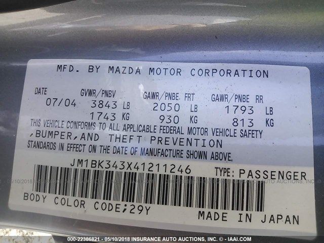 JM1BK343X41211246 - 2004 MAZDA 3 HATCHBACK GRAY photo 9