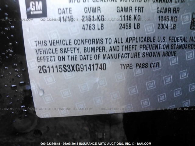 2G1115S3XG9141740 - 2016 CHEVROLET IMPALA LT BLACK photo 9