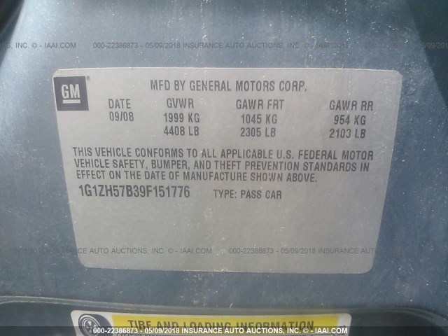 1G1ZH57B39F151776 - 2009 CHEVROLET MALIBU 1LT 绿色 照片 9