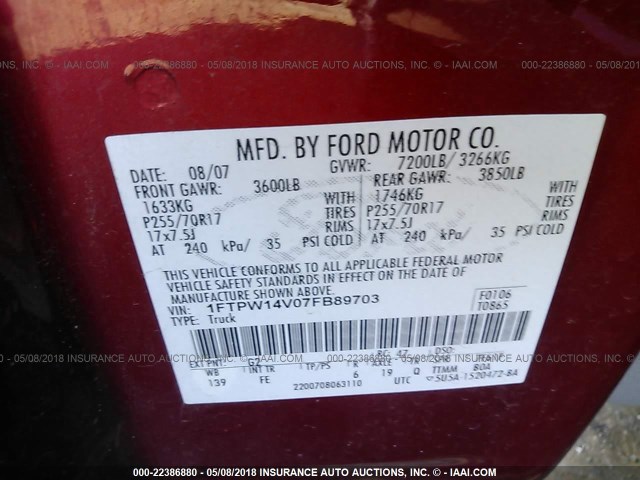 1FTPW14V07FB89703 - 2007 FORD F150 SUPERCREW BURGUNDY photo 9