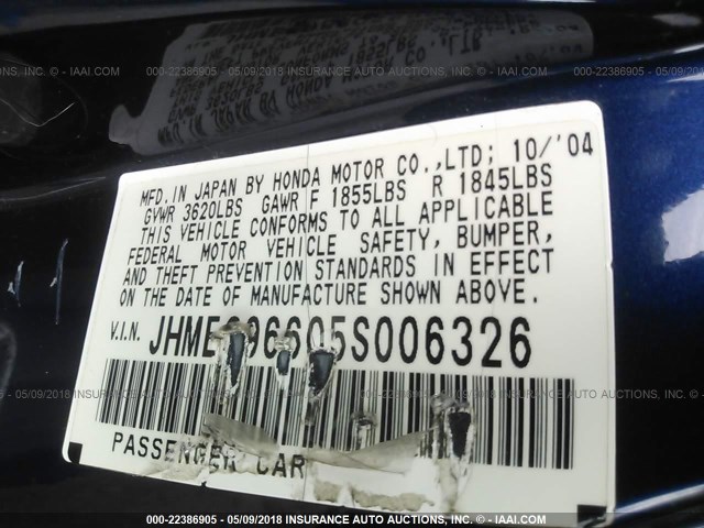 JHMES96605S006326 - 2005 HONDA CIVIC HYBRID BLUE photo 9