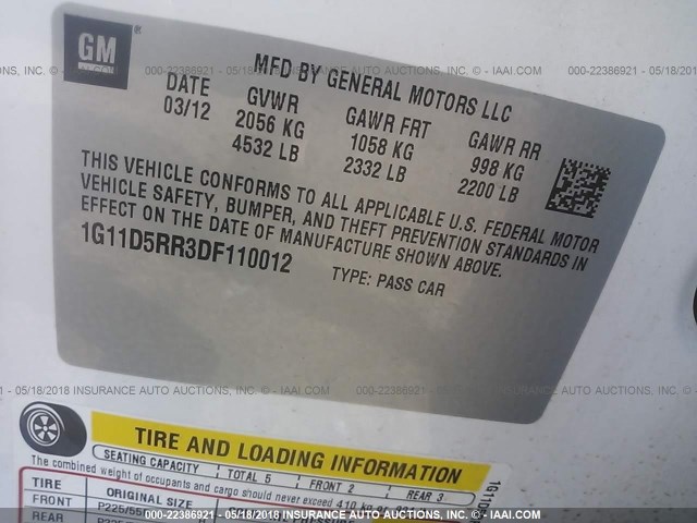 1G11D5RR3DF110012 - 2013 CHEVROLET MALIBU 1LT WHITE photo 9