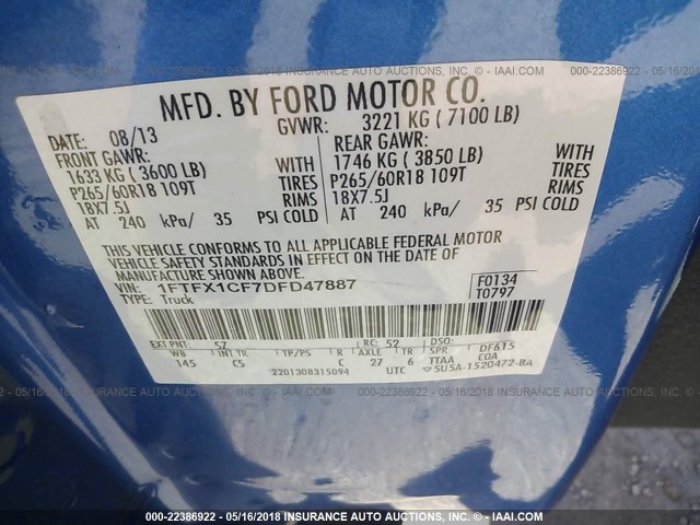 1FTFX1CF7DFD47887 - 2013 FORD F150 SUPER CAB BLUE photo 9