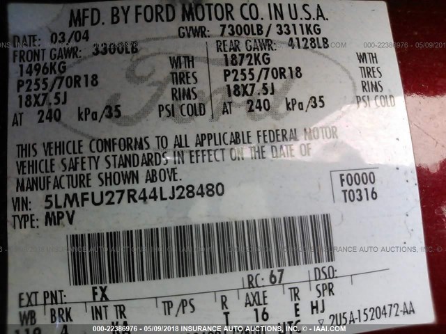 5LMFU27R44LJ28480 - 2004 LINCOLN NAVIGATOR BURGUNDY photo 9