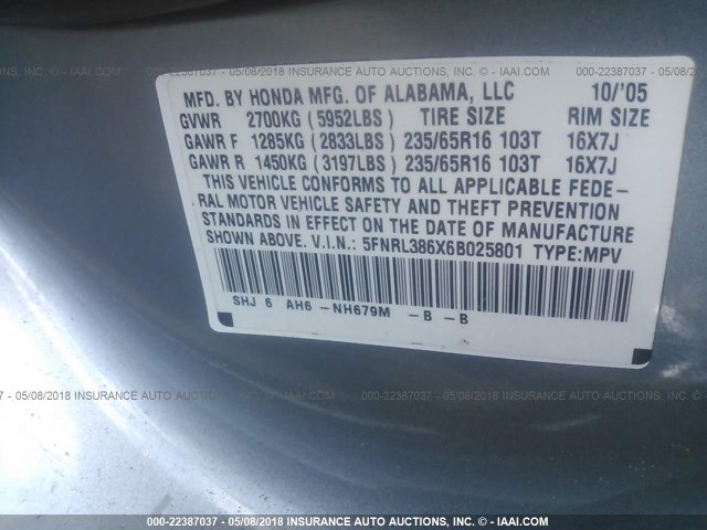 5FNRL386X6B025801 - 2006 HONDA ODYSSEY EXL ღია ლურჯი ფოტო 9