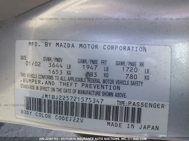 JM1BJ225721575347 - 2002 MAZDA PROTEGE DX/LX/ES SILVER photo 9