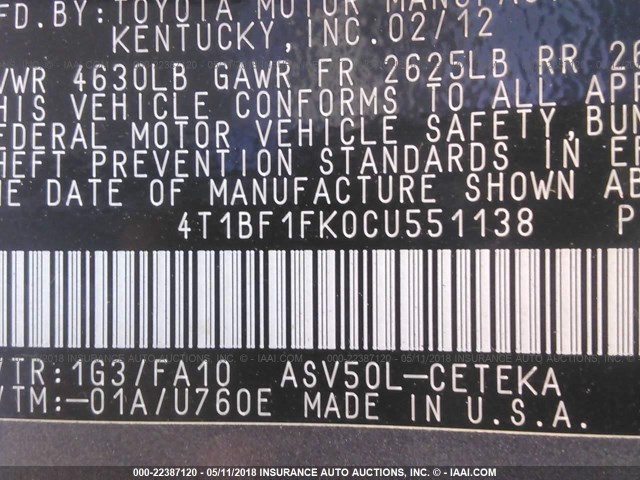 4T1BF1FK0CU551138 - 2012 TOYOTA CAMRY SE/LE/XLE 灰色 照片 9