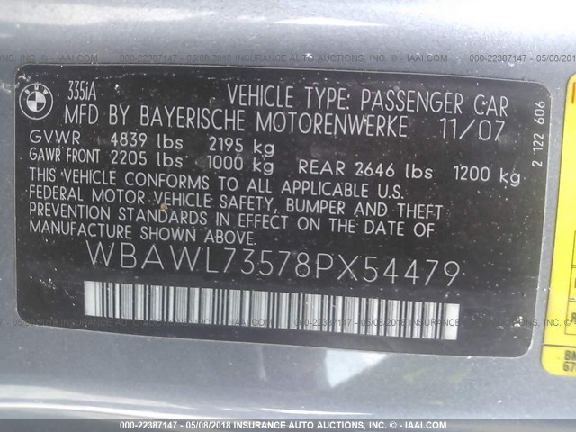 WBAWL73578PX54479 - 2008 BMW 335 I GRAY photo 9