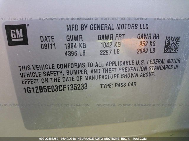 1G1ZB5E03CF135233 - 2012 CHEVROLET MALIBU LS 金色 照片 9