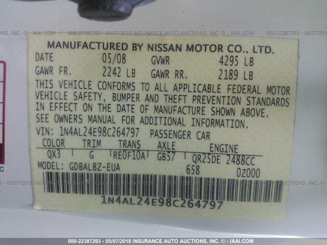 1N4AL24E98C264797 - 2008 NISSAN ALTIMA 2.5S WHITE photo 9