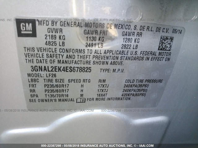 3GNAL2EK4ES678825 - 2014 CHEVROLET CAPTIVA LS 银色 照片 9