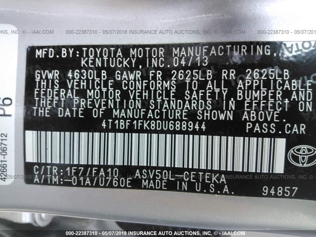 4T1BF1FK8DU688944 - 2013 TOYOTA CAMRY L/SE/LE/XLE Gümüş foto 9