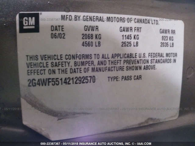 2G4WF551421292570 - 2002 BUICK REGAL GS GRAY photo 9