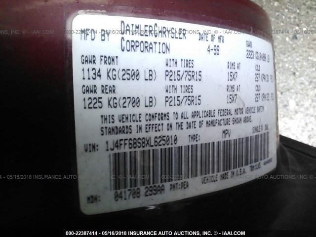 1J4FF68S8XL625010 - 1999 JEEP CHEROKEE SPORT/CLASSIC ბურგუნდია ფოტო 9
