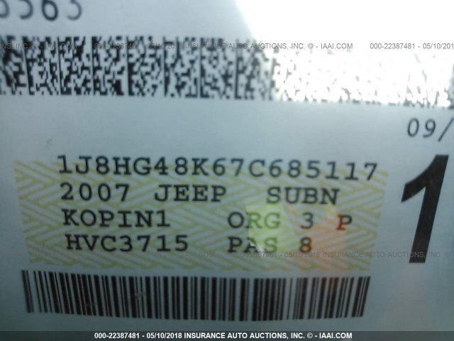 1J8HG48K67C685117 - 2007 JEEP COMMANDER 银色 照片 9